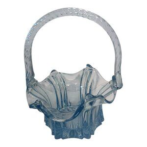 Vintage Fenton Blue Glass Basket With Twisted Applied Handle Ruffled Edge 6" Dia